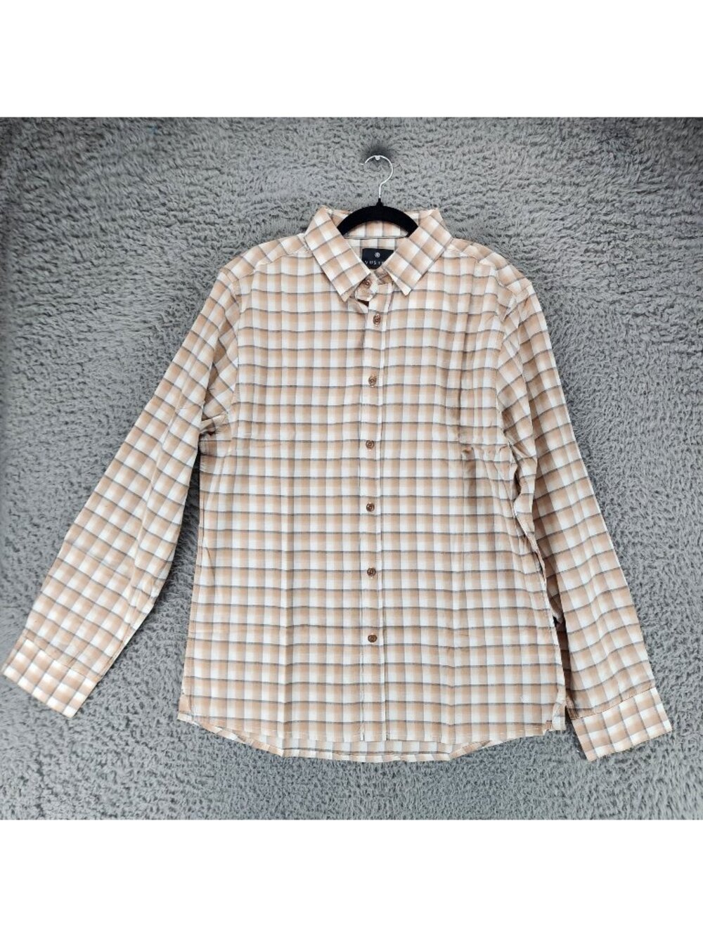 Vustra Shirt Mens XL Tan Plaid Organic Cotton Long Sleeve Button Up *NWT*